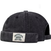 Resim Vintage Washed Unisex Beanie Brooklyn Etiket Yama Kafatası Şapka Siyah Docker Kap Hafifçe Katlanmış Liman Şapkası 
