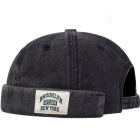 Resim Vintage Washed Unisex Beanie Brooklyn Etiket Yama Kafatası Şapka Siyah Docker Kap Hafifçe Katlanmış Liman Şapkası 