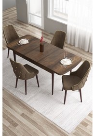 Resim Canisa Tia Serisi 80x132 Açılabilir Mdf Barok Ahşap Desen Gold Detay Masası Takımı Ve 4 Kahve Sandalye Masa Barok Ahşap Desen Sandalye Kahve 
