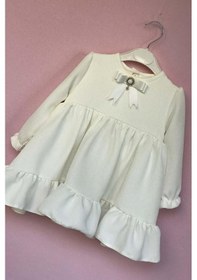 Resim Broş Detaylı Özel Tasarım Kırık Beyaz Krep Kız Çocuk Bebek Mevlüt Doğum Günü Düğün Elbise 001 