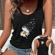 Resim Kadınlar İçin Kolsuz Yuvarlak Yaka Tank Top - Beyaz Karahindiba ve Papatya Desenli Siyah, Orta Esneklikte Makinede Yıkanabilir Kumaş, Tüm Mevsimler İçin Doğa Temalı Baskılı Rahat Giyim, Dayanıklı Günlük Kıyafet 
