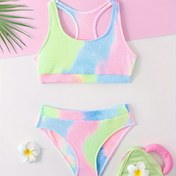 Resim Kızlar için Tie-Dye Bikini Takımı: Yuvarlak Yaka Üst + Yüksek Bel Mayo 2 Parça 