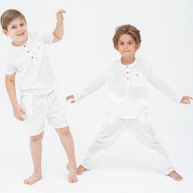Resim For You Kids 4 Lü Organik Yakası Düğmeli Beyaz Pijama Takımı 