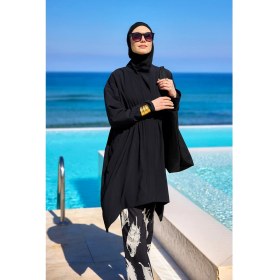 Resim Marina Siyah Tam Kapalı Tesettür Mayo Asimetrik Kesim Trençkot Stil Polyester Düz Renk M2503-3 