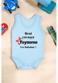 Resim Bebetospik %100 Pamuklu Beni Yavaşça Teyzeme Ver Baskılı Yumuşak Doku Baskılı Zıbın & Body Mavi 