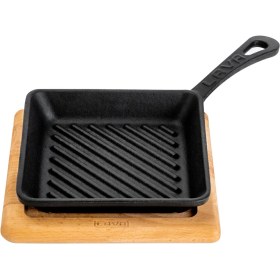 Resim Lava Döküm Mini Kare Izgara Tava Kayın Ahşap Altlıklı Döküm Demir Yekpare Saplı Ölçü 16x16cm. 