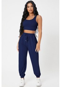 Resim Kadın Lacivert Kaşkorse Cepli Jogger Eşofman Altı Ve Crop Top Blu Lacivert 