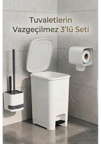 Resim 3'lü Banyo Ve Tuvalet Seti Çöp Kovası, Fırça Ve Kağıtlık Birarada Beyaz 