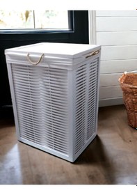 Resim Ahşap Kirli Çamaşır Sepeti Yıkanabilir Kumaşlı Beyaz 