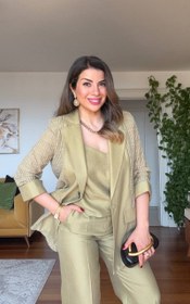 Resim KETEN DOKULU DETAYLI BLAZER TAKIM - AÇIK YEŞİL - 38 