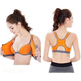 Resim Çift Katmanlı Ön Fermuarlı Spor Sütyeni Darbeye Dayanıklı Yoga Çabuk Kuruyan Çelik Olmayan Halka Turuncu 
