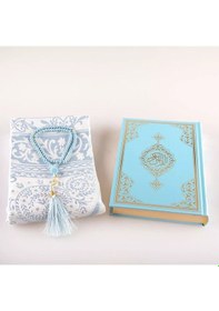 Resim Seccade + Tesbih + Kuran Hediye Seti Çanta Boy, Yeni Cilt, Açık Mavi 