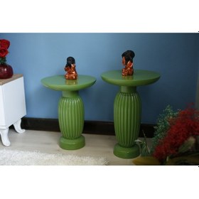 Resim 2'li Vazo Cizgili Yeşil Yan Sehpa Yeşil 