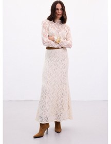 Resim Sateen Dantelli Uzun Etek - Bej-136892 Bej 
