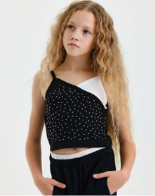 Resim Kız Çocuk Taşlı Askılı Crop Bluz-15567 Siyah 