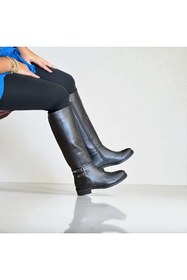 Resim NE&VE SHOES Siyah Hakiki Deri Arkadan Lastikli İçten Fermuarlı Kadın Diz Altı Binici Çizme 