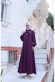 Resim HNT Hayrunnisa Tesettür Fiyonklu Düğme Detaylı Tesettür Elbise Mürdüm HNT1012 