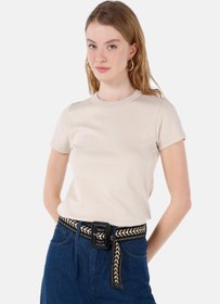 Resim Slim Fit Yuvarlak Yaka Düz Kadın Bej Kısa Kol Tişört 