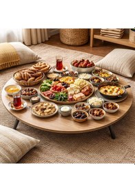 Resim 60 Cm Çap - Ahşap Kaplama Katlanabilir Yer Sofrası - Oyun Masası - 21 Cm Yükseklik Atlantik - Çam 