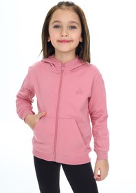 Resim Toontoy Kız Çocuk Kapüşonlu Fermuarlı Cepli Düşük Omuz Nakış Baskılı Örme Hırka - 2 İplik 