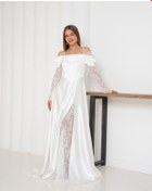 Resim Kolları Dantelli Beyaz Saten Abiye Elbise Beyaz 