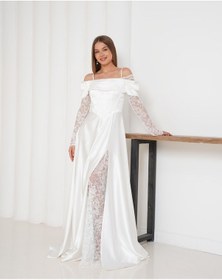 Resim Kolları Dantelli Beyaz Saten Abiye Elbise Beyaz 