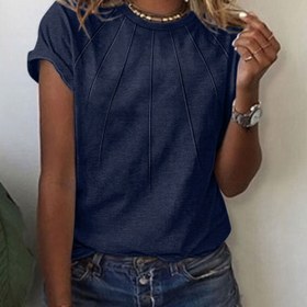 Resim Kadınlar için yazlık rahat yuvarlak yaka kısa kollu katlanabilir üst, düz renkli moda gömlek, normal uzunluk, bahar/yaz/sonbahar için çok yönlü, rahat giyim|Minimalist tarz|Elastik bel 