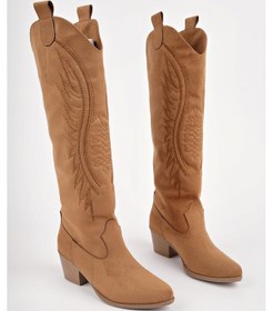 Resim Muggo Rodeo Dikiş Detaylı Kalın Topuklu Kovboy Kadın Çizme TABA SÜET 