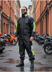 Resim thfabric %100 Rüzgar Su Geçirmez Garantili Motorcu Yağmurluk - Extra Güçlü PVC Kumaş - Ayarlanabilir Paçalı 