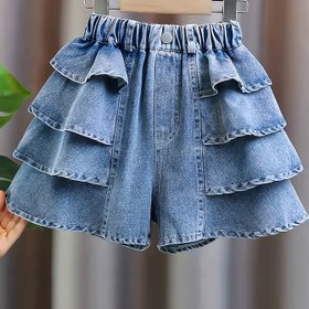 Resim Kızlar İçin Yazlık Elastik Bel Detaylı Kot Şort - Hafif Fırfır Etekli Rahat Plaj Kıyafeti, Tatil ve Günlük Kullanım için Plaj Şortu, Konforlu Kumaş 
