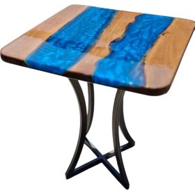 Resim Epoksi Ceviz Ahşap Mavi Masa Metal Ayaklı 55X55 
