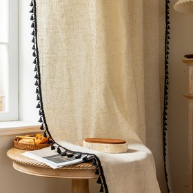 Resim 1 adet Klasik Amerikan Tarzı Siyah Tassel Yarı Şeffaf Mutfak Perdesi, Çubuk Cebi Tasarımı, Işık Filtreleyen Yün Kumaş, Yıkanabilir, Yatak Odası, Oturma Odası, Çalışma Odası, Balkon, Bahçe, Düğün, Otel Dekoru, Günlük Ülke Çiftliği Ev Dekoru, Gizlilik Perdeleri | Doğal Görünüm Perdesi | Yün, Yarn-dyed, Oturma Odası Perdeleri 