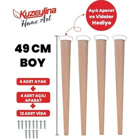 Resim 4'lü 49 Cm Doğal Ahşap Ayak Konik Masa-sandalye-tabure- Sehpa Ayağı 