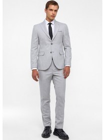 Resim Süvari Gri Slim Fit Desenli Sivri Yaka 6 Drop Klasik Takım Elbise 