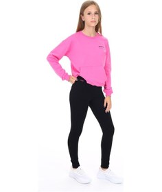 Resim Toontoy Kids Toontoy Kız Çocuk 2'li Takım Baskılı Bisiklet Yaka Düşük Omuz Cepli Sweatshirt & Basic Düz Tayt Fuşya 