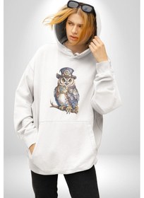 Resim Şapkalı Amerikalı Baykuş Burjuva Baykuş Kadın Erkek Beyaz Kapüşonlu Sweatshirt Hoodie Beyaz 