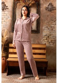 Resim Sude Kadın Kışlık Gömlek Yaka Kadife Çizgili Pijama Takımı P200/840 - 1 Adet 001 