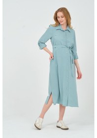 Resim Busa Hamile Gömlek Yaka Önden Cepli Midi Boy Elbise Turkuaz 