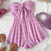 Resim Kadınlar İçin Seksi Yazlık Omuz Açık Halter Yaka Düğümlü Detaylı Geniş Paça Tulum - Hafif Esnek Polyester/Elastan Karışımı, Makinede Yıkanabilir Düz Renk Plaj ve Günlük Kullanım 