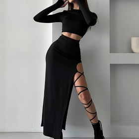 Resim Kadınların Seksi Uzun Kollu Üst ve Etek Takımı Yüksek Yarık ile - Düz Renk, Esnek Kumaş, Yuvarlak Yaka, Normal Kollu, İlkbahar/Sonbahar Modası, 2 Parça Kıyafet, Şık Aksesuarlar, Yüksek Yarık Etek 