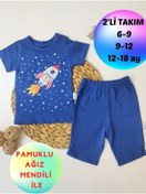 Resim Tomuycuk Bebe 2'li Erkek Bebek Takım Indigo Roketli Şortlu 3-6-9-12 Ay Bebek Takımları Kıyafetleri Bebek Giyim 