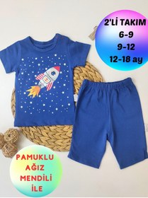 Resim Tomuycuk Bebe 2'li Erkek Bebek Takım Indigo Roketli Şortlu 3-6-9-12 Ay Bebek Takımları Kıyafetleri Bebek Giyim 