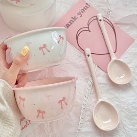 Resim 4 Parça Papyon Desenli Seramik Tabak ve Kaşık Takımı - Çamaşır Makinesi Uyumlu, Tahıl, Çorba, Salata, Kahvaltı, Yoğurt ve Tatlılar İçin - Pembe 