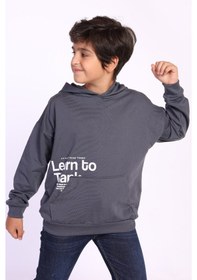 Resim Toontoy Erkek Çocuk Kapüşonlu Kanguru Cepli Baskılı Sweatshirt Füme 