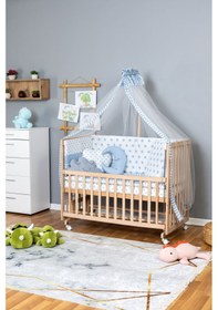 Resim Ahşap Beşik Anne Yanı Beşik Organik 60x120 - Mavi Yıldız 3 Yastıklı Uyku Seti + Yataklı + Tekerlekli Ahşap 