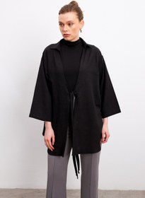 Resim Yefrastore Siyah Flam Keten Kimono Gömlek 