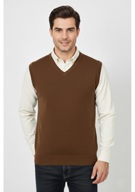 Resim Erkek V Yaka Süveter Çelik Örgü Regular Kalıp Bgl-st04839 Taba 