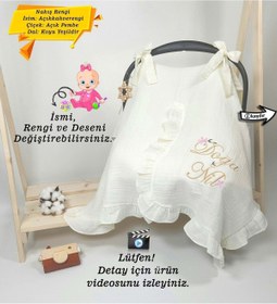 Resim %100 Pamuk Nefes Alabilen Müslin Kumaş Püsküllü Puset Örtüsü (KİŞİYE ÖZGÜ ISİMLİ NAKIŞ DESENLİ) - 0-3 AY 