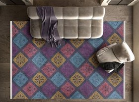 Resim Mor Geometrik Modern Geometrik Etnik Eskitme Desenli Boho Makinada Yıkanabilir Hafif Hav Toz Vermez Leke Tutmaz Kaymaz Taban Dijital Makine Baskı Halı Oturma Odası Salon Yolluk Koridor Mutfak Halısı 