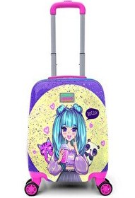 Resim Elatae 4 Tekerlekli Policarbon Kırılmaz Lila Anime Desenli Çocuk Valizi 